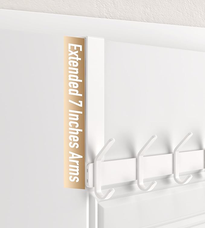 KitchLife Over The Door Hooks Hanger with 7 inches Extended Arms, Fit for 1-3/8" Doors, J18U, Bathroom Towel Rack Organization, Thickened 1 Pack Double-Hook, Glossy White