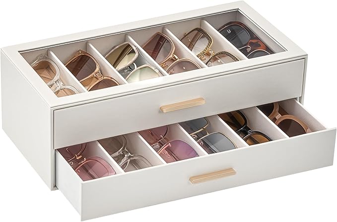 Lolalet Beige Sunglasses Storage Box for Women, Eyewear Eye Glass Organizer with Clear Top Lid Display Holder Case