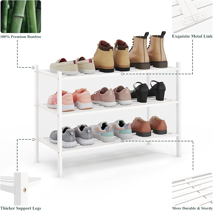 Smiry Bamboo Shoe Rack 3-Tier, Stackable Wooden Shoe Organizer for Entryway & Closet, Free Standing Wood Shoe Storage Shelf for Front Door & Small Spaces, White