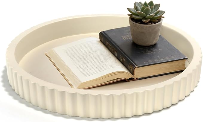 Decorative Tray for Coffee Table, 12'' Resin Modern Decorative Tray for Home Decor, Elegant Table Centerpiece Cream White Round Fluted Serving Vanity Tray for Bathroom Kitchen Living Room Decor