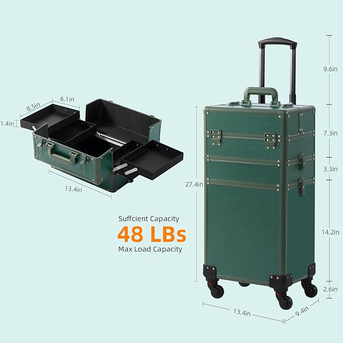 Makeup Train Case, Rolling Makeup Case, 3 in 1 Cosmetology Case on Wheels, Christmas Gift, Large Makeup Case Organizers, Profesional Cosmetic Case for Salon Barber, Green