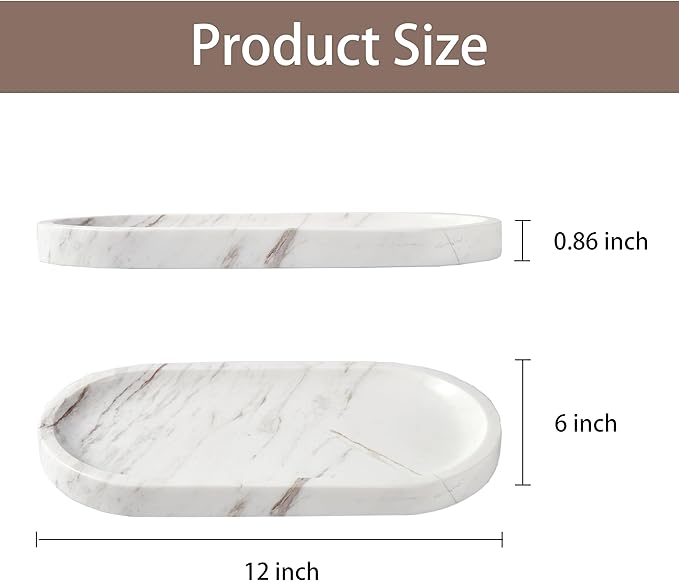 Denique Natural Marble Bathroom Tray, 12"x6" Vanity Tray White Marble Decorative Tray, Countertop Organizer for Perfume & Candles, Jewelry Dish Ring Holder for Bathroom Counter, Vanity, Dresser