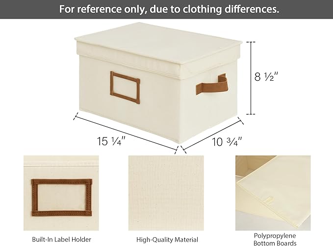 StorageWorks Storage Basket with Lid, Decorative Storage Boxes with PU Handles, Stackable Fabric Storage Bins for Closet, Shelves, Ivory, Large, 3-Pack