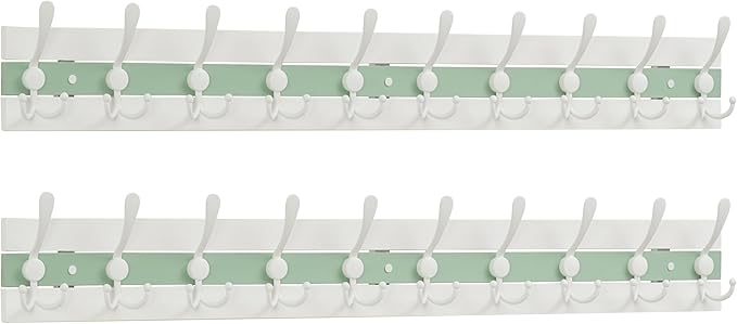 SKOLOO Coastal Coat Rack Wall Mount-38-1/8 Beach House Entryway Wooden Coat Hook with 10 Hooks for Hanging Coats, Hats or Towels, Oceanfront Cottage Core Collection, White & Green, Pack of 2