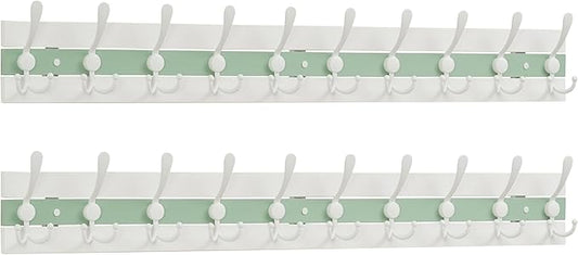 SKOLOO Coastal Coat Rack Wall Mount-38-1/8 Beach House Entryway Wooden Coat Hook with 10 Hooks for Hanging Coats, Hats or Towels, Oceanfront Cottage Core Collection, White & Green, Pack of 2