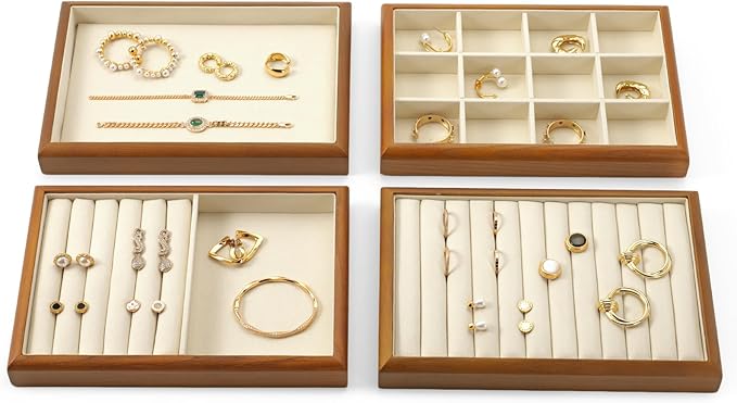 Oirlv Solid Wood 6 Grid Jewelry Organizer Tray Jewelry Drawer Organizer(Creamy-white)