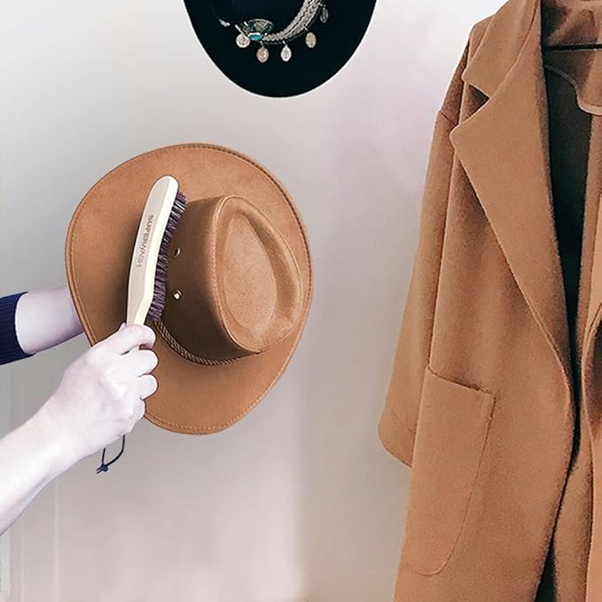 Hat Brush - Clean Western Cowboy Hat, Fedora Hat & Baseball Cap, Horsehair Bristle Garment Brush Remove Cat Hair Dust for Suits, Suede, Cashmere, Clothes & Furniture, Beech Handle