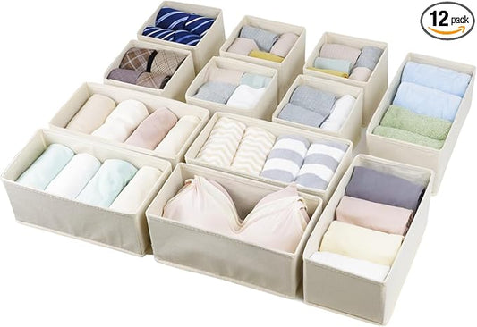 Drawer Organizer Clothes, Foldable Fabric Dresser Organizer Closet Organizers and Storage Box for Underwear,Folded Clothes,Baby Clothing,Socks,Bra,Towels,Ties(6M+6S,Beige)