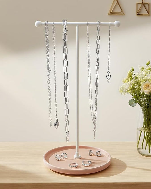 VROOMIUM Necklace Holder Stand - 6in Ceramic Base X 1ft Height, Aesthetic Decor for Bedroom, Jewelry Organizer for Necklace, Bracelets, Rings, Exhibidor de Collares- Romantic Pink