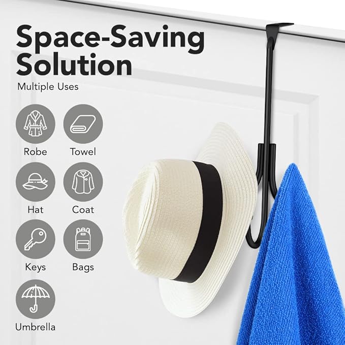2-Pack Over The Door Hook - with 3 Hang Heads & Snug Fit Pads- 2Pcs Heavy Duty Hooks for Hanging Coats, Towels, Caps & Robes - Elegant Matt Finish - No Drill Hanger Organizer - Black