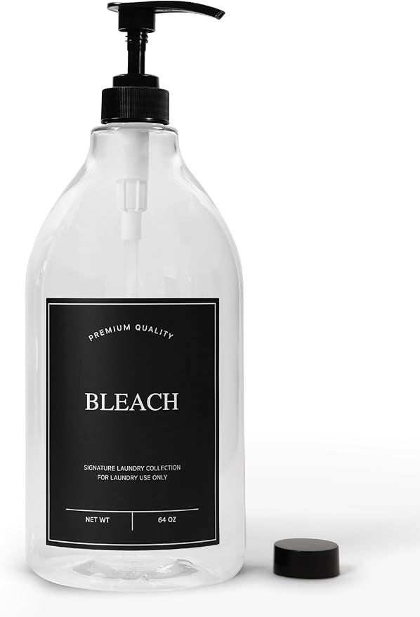 Calindiana Modern Farmhouse Bleach Liquid Laundry Detergent Dispenser for Laundry Room Decor and Organization, PET Plastic Landry Soap Containers with Water Resistant Label, Clear 64oz