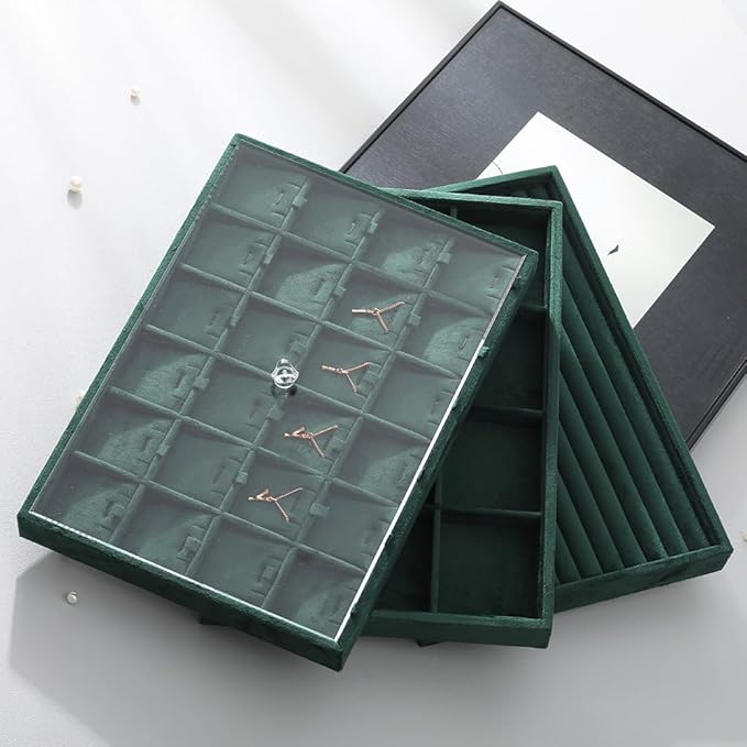 Velvet Ring Display Tray, Stackable Muilt Slot Rings Ear Stud Storage Tray, Drawer Insert Jewelry Accessories Organizers Plate (Green)