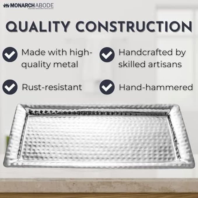 Monarch Abode Decorative Tray – 12-Inch Hand Hammered Nickel Finish Metal Bathroom Tray Countertop, Vanity Trays Organizer, Perfume Plate for Dresser, Kitchen Countertop Small Fruit Platter