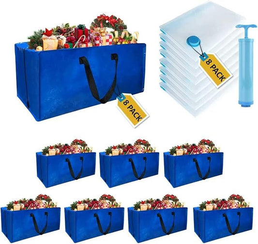 8 Pack Heavy Duty Extra Large Moving Bags with Backpack Straps & Large Vacuum Storage Bags Moving Supply Combo, Moving Totes with Handles & Zippers for Space Saving, Fold Flat, Includes Vacuum Bags