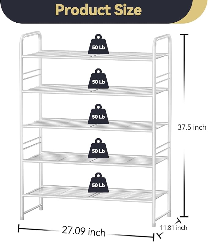 5-Tier Stackable Shoe Rack, Metal Shoe Shelf Storage Organizer, White