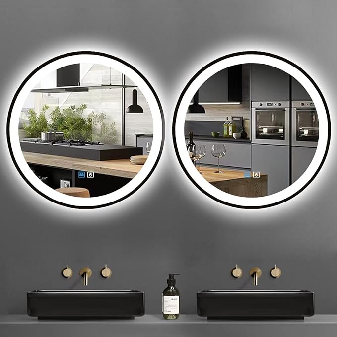 20 Inch Black Bathroom Round LED Mirror with Light, Black Frame, 3 Color AntiFog, 20" Round Lighted Mirror
