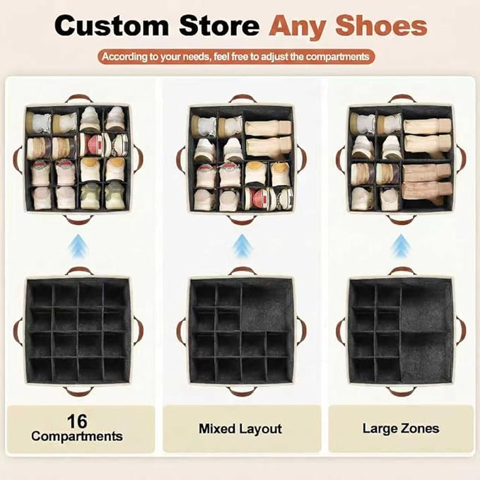 Shoe Organizer for Closet, Fabric Shoe Storage Boxes with Lids, Adjustable Dividers for 16 Pairs, Foldable Shoe Cubby with Mesh Storage & Label Window, Fits Tall Boots, Black & Grey