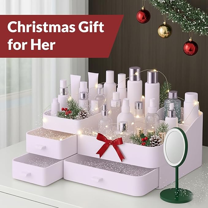 Makeup Organizer for Vanity – Large Cosmetic Storage Box with Drawers & Compartments for Brushes, Lipsticks, and Skincare – Bathroom Countertop Organizer for Women & Girls – Elegant White Design