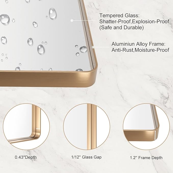 LOAAO 48”X36” Gold Bathroom Mirror, Rounded Rectangle Gold Frame Mirror, Brushed Gold Bathroom Vanity Mirror Wall-Mounted, Anti-Rust, Tempered Glass, Hangs Horizontally or Vertically