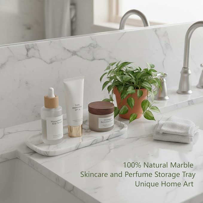 Marmor Real Natural Marble Bathroom Tray for Perfume, Candles, Jewelry Stone Vanity, Bathroom & Kitchen Counter Organizer and Home Decor Statuario White（11.41 * 5.51 * 0.7）