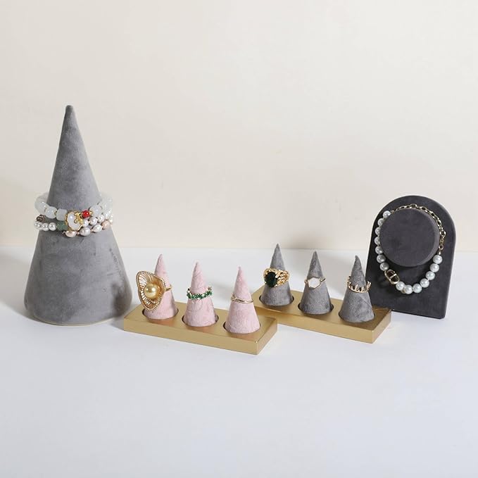 GemeShou pink jewelry ring display holder for selling, velvet ring cone display stand, cute cone shaped ring holder with golden coated base,Small jewelry ring storage organizer【Ring holder-pink】