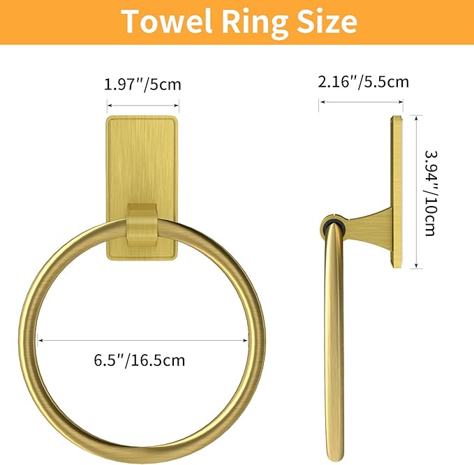Adhesive Towel Ring, SUS304 Stainless Steel Bathroom Towel Holder, One Piece Disigned Towel Racks for Bathroom, No Drill, Gold