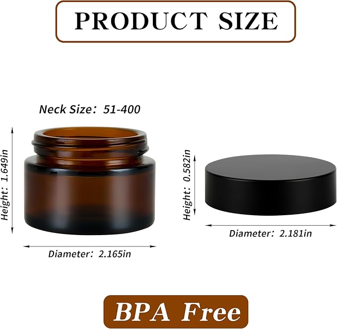 2 oz Reusable Amber Glass Container Jars 24 Pack with Wide-mouth Leak Proof Cap and Inner Pull-On Lid for Travel Storage Makeup, Face Creams, Body Lotions, DIY Crafts or Others
