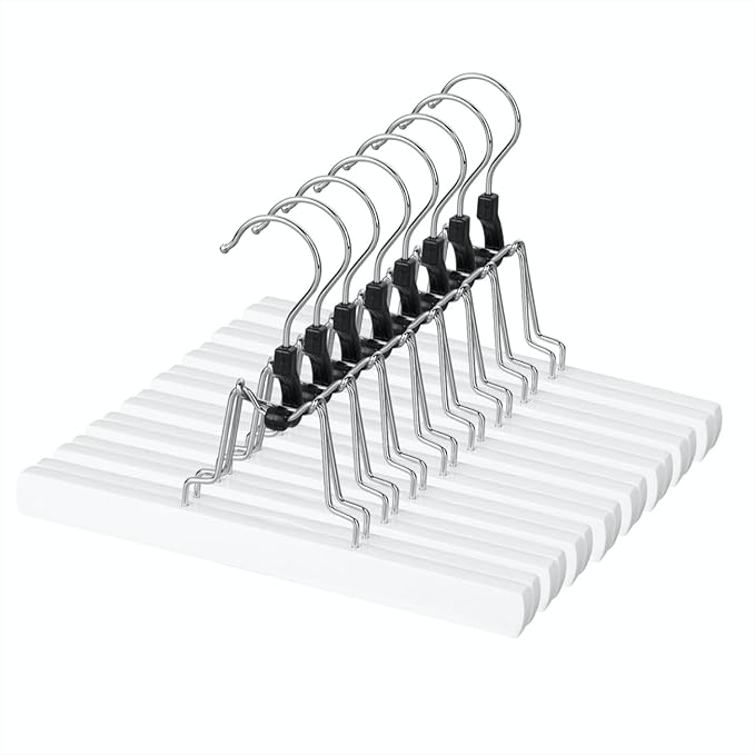 AMKUFO 12 Pack White Wooden Pants Hangers with Clips Non Slip Skirt Hangers Trouser Clamp Hanger Solid Wood Hanger with 360° Swivel Hook