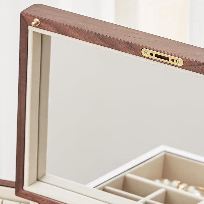 CHOSIN Black Walnut Wooden Jewelry Box for Women with Mirror, 5 Drawers and 2 Side Doors for Watches, Necklaces, Rings, Earrings Storage Valentine's Day Gift