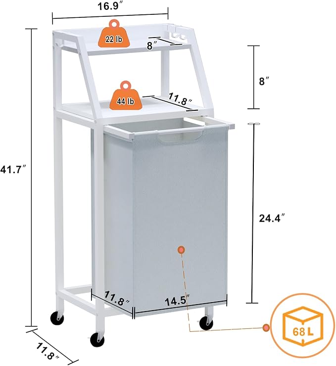 Laundry Hamper, Laundry Sorter, Rolling Laundry Basket with Wheels, 2 Shelves, 18 Gal(68L), Pull-Out and Removable Oxford Fabric Bags, White and Grey