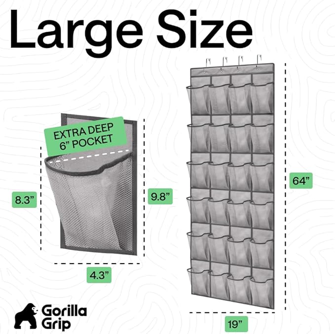 GORILLA GRIP Over the Door Shoe Organizer, 24 Extra Large Breathable Mesh Pockets, Space Saving Hanging Storage Holder, 4 Hook Closet Rack Hanger, Hangs on Closets for Shoes and Accessories, Gray