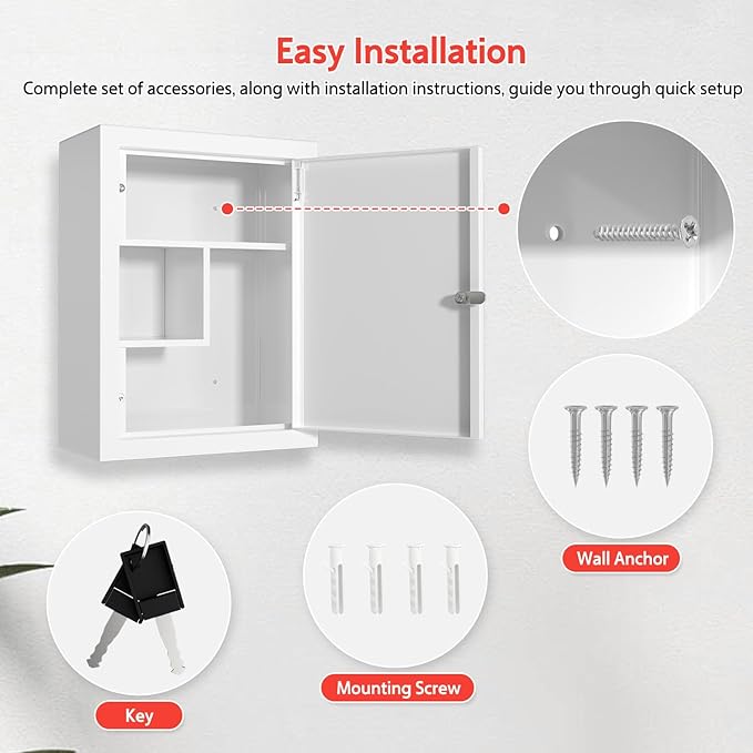 Locking Medicine Cabinet Wall-Mount: Storage Cabinet with Lock & Key - White Metal First Aid Kits for Family Safety and Childproofing