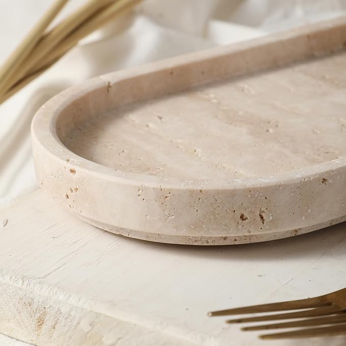 Natural Travertine Oval - 10x5 Inch Bathroom and Vanity Marble Small Tray for Soap Bottle, Perfume, Aromatherapy and Jewelry Accessories - Countertop Tray with Non-Slip Raised Base