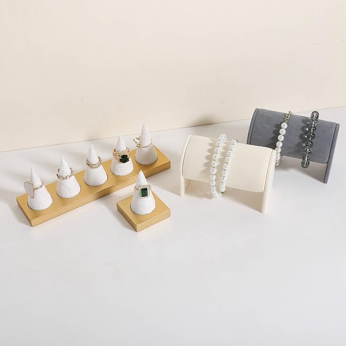 GemeShou Jewelry ring display holder for selling, velvet ring cone display stand, cute cone shaped ring holder with golden coated base,Small jewelry ring storage organizer【Ring holder-white 1 cone】