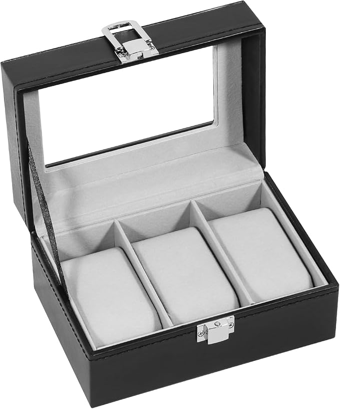 Uten 3-Slot Watch Box, PU Leather Watch Case with Glass Lid, Watch Holder Organizer with Soft Pillow and Velvet Lining, Watch and Jewelry Storage Box