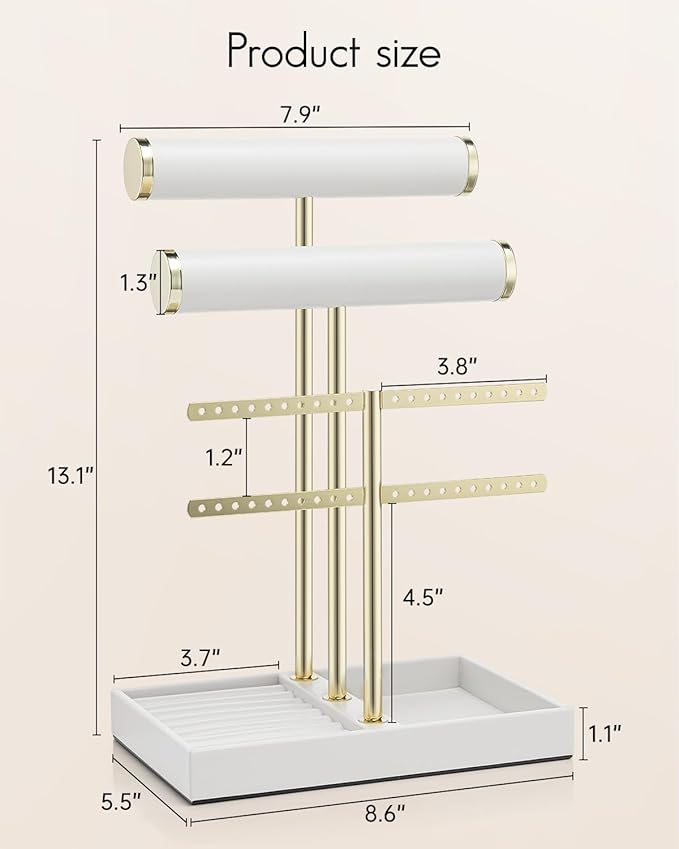 Vlando 3 Tier Necklace Holder Organizer with Tray, Leather Bracelet Holder Display for Women, Gold Jewelry Stand for Bracelet, Necklace, Earrings, Rings - White