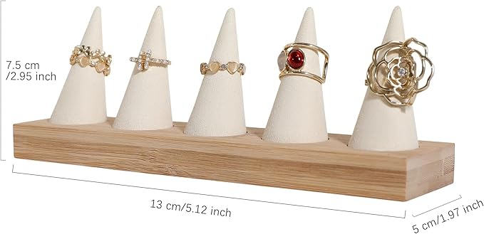 GemeShou Beige wood ring storage organizer, Velvet Jewelry ring display holder, Cute ring display stand for selling, wedding ring holder at nightstand【Beige with five cone】