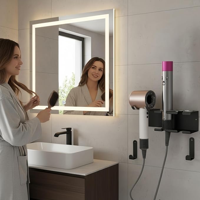 Hair Tool Organizer, Stainless Steel Hair Dryer and Straightener Holder, Curling Iron Holder Wall Mount 3-in-1 Storage for Bathroom, Hair Dryer Holder Black BANJEKT