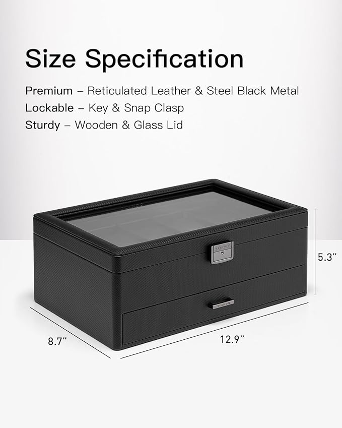 Vlando Watch Box 10 Slots, Lockable Watch Case with Textured Leather, 2 Layer Watch Holder for Rings, Glasses, Mens Jewelry Box with Glass Lid, Removable Divider, Gifts for Father, Husband, Black