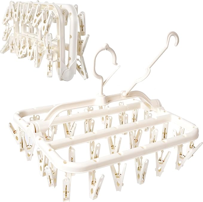 Foldable Clothes Drying Rack with 32 Drying Clips Wind-Proof Hook Underwear Hanger Plastic Laundry Clip for Socks Bras (White)