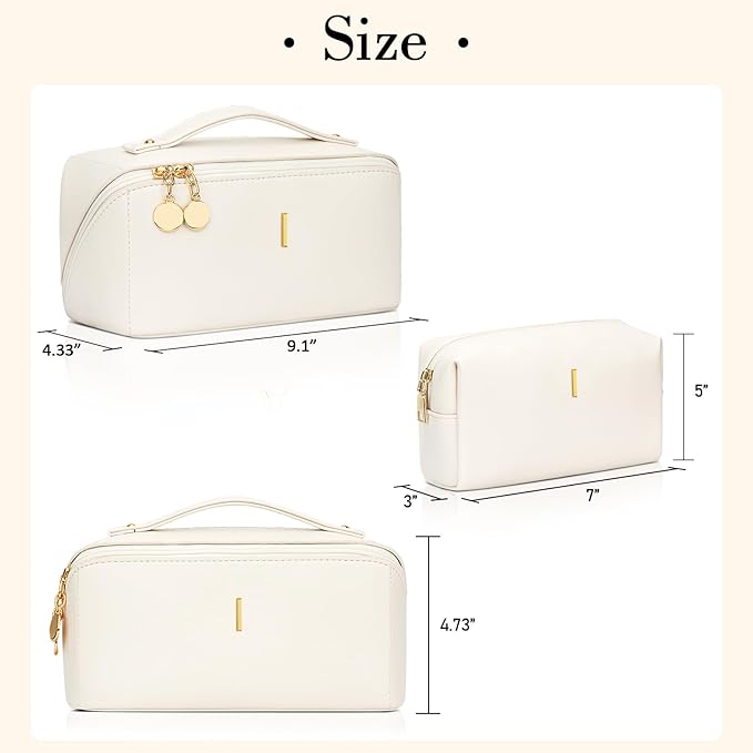 Valentine's Day Gifts for Women Teen Girl, Personalized Initial Makeup Organizer Bag Set, Open Flat Travel Cosmetic Bag With Clear Divider and Handle(Beige,I)