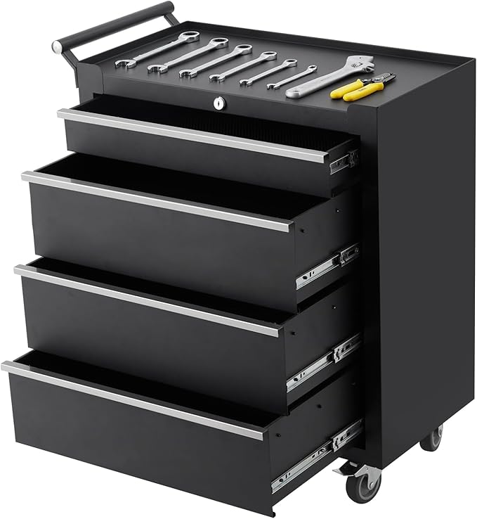 Rolling Tool Box with Wheels, 4 Drawer Tool Storage Cabinet, Portable Toolbox Organizer with Lock, Heavy Duty Tool Chest Cart for Garage, Mechanic, Workshop, Shop, Mobile Tool Organizer, Black