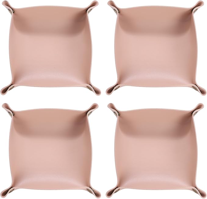 HARFINGTON 4pcs PU Leather Valet Tray Unisex Folding Small Catchall Tray Portable Entryway Table Tray Nightstand Bedside Desk Tray for Key Wallet Watch Coin Jewelry Dice, Pink