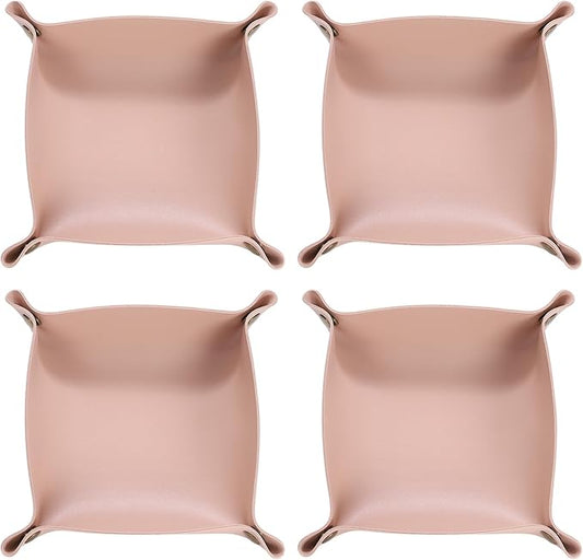 HARFINGTON 4pcs PU Leather Valet Tray Unisex Folding Small Catchall Tray Portable Entryway Table Tray Nightstand Bedside Desk Tray for Key Wallet Watch Coin Jewelry Dice, Pink