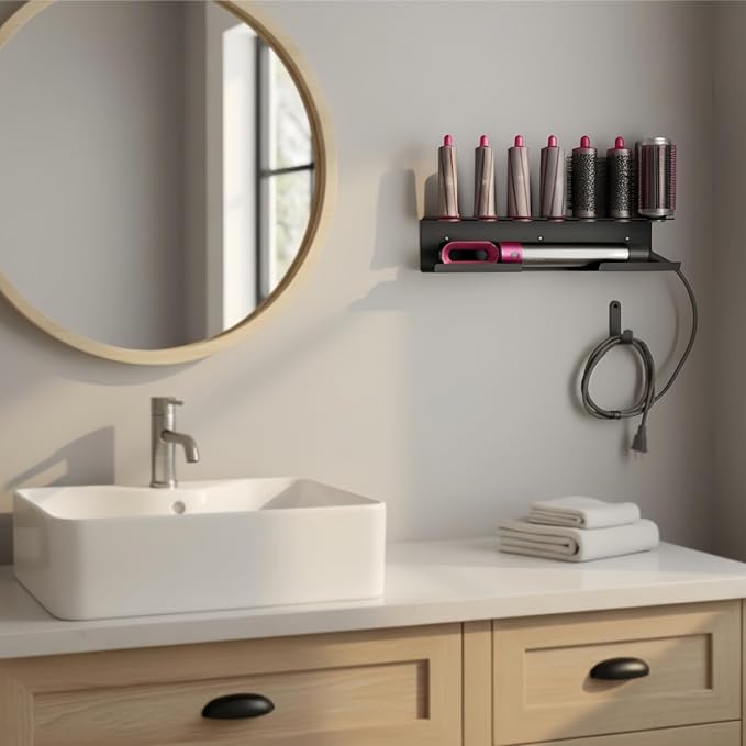 Dyson Airwrap Holder, Aluminum Dyson Airwrap Wall Mount with 7 Custom Slots&Cable Hook, Dyson Organizer Wall Mounted for Bathroom Salon Adhesive or Screw Black PTALSEAW
