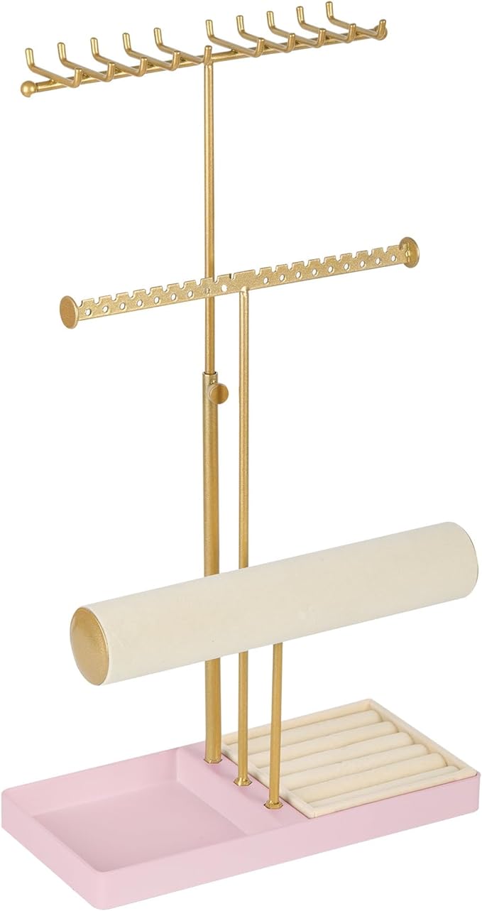 Tirzah 3-Tier Adjustable Gold Jewelry Holder Organizer Stand with 20 Necklace Hooks, 18 Earring Holes and Notches, Bracelet Holder, 6 Ring Rolls, Pink Tray for Girls, Women