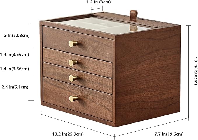 Black Walnut Wooden Jewelry Box for Women 4 Layer with Glass Lid and Pull-out Necklace Storage Layer Watch Necklace Ring Earring Storage,Valentine's Day Gifts