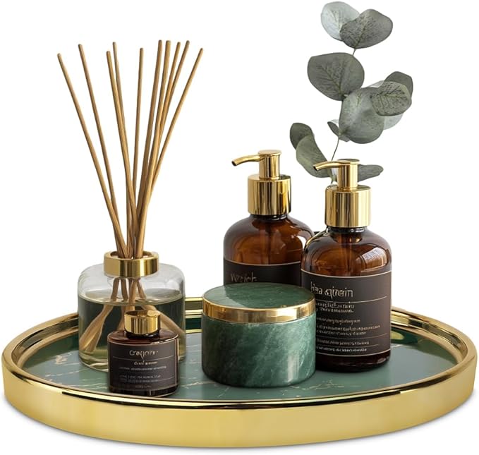 Ceramic Vanity Tray for Bathroom, Jewelry, and Makeup – Decorative Organizer Tray for Countertops, Dresser, or Sink – Elegant Green Round Design, Durable & Stylish Storage Solution