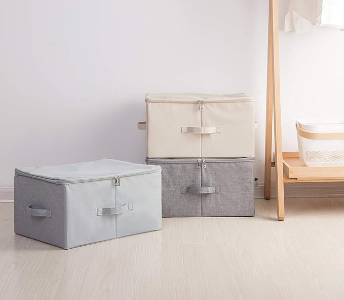 iwill CREATE PRO 3-Pack Beige Folding Storage Boxes with Zip Lid | Collapsible & Stackable Rigid Organizer Bins for Clothes, Blankets, Books