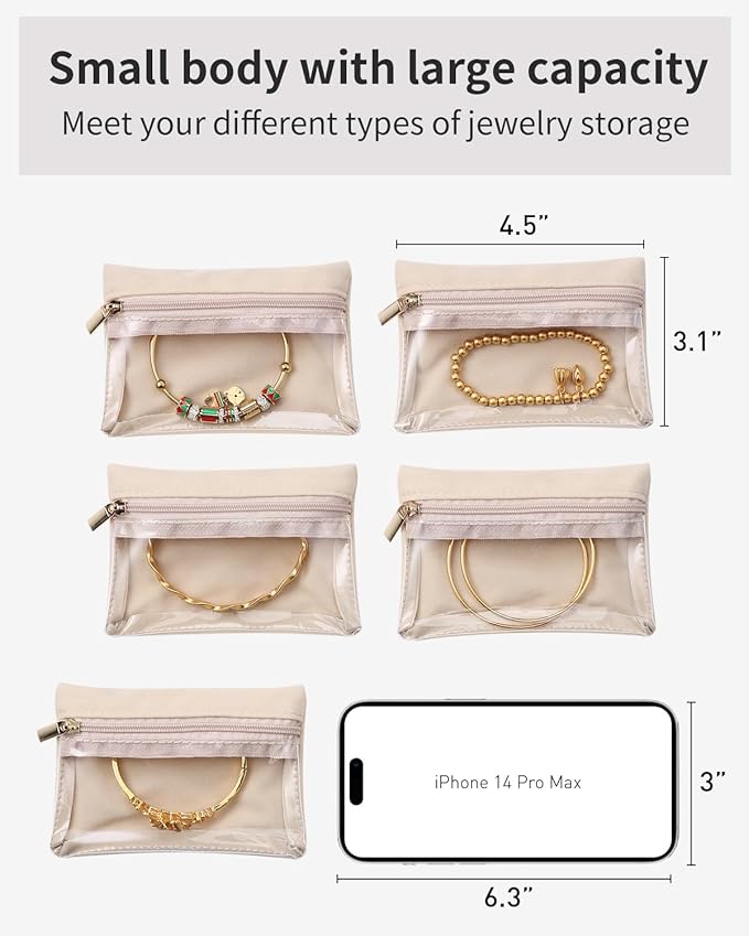 Vlando Travel Jewelry Bags,Jewelry Pouch Bag, Clear velvet zipper pockets Storage Bag Organizer Case for Women Girl Gift 6 Pcs